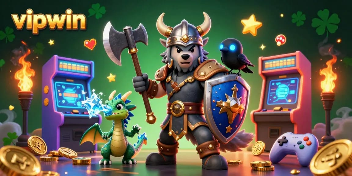 Engage with vipwin as a Viking wolf warrior, fire-breathing dragon, and animated arcade elements create a lively betting atmosphere.