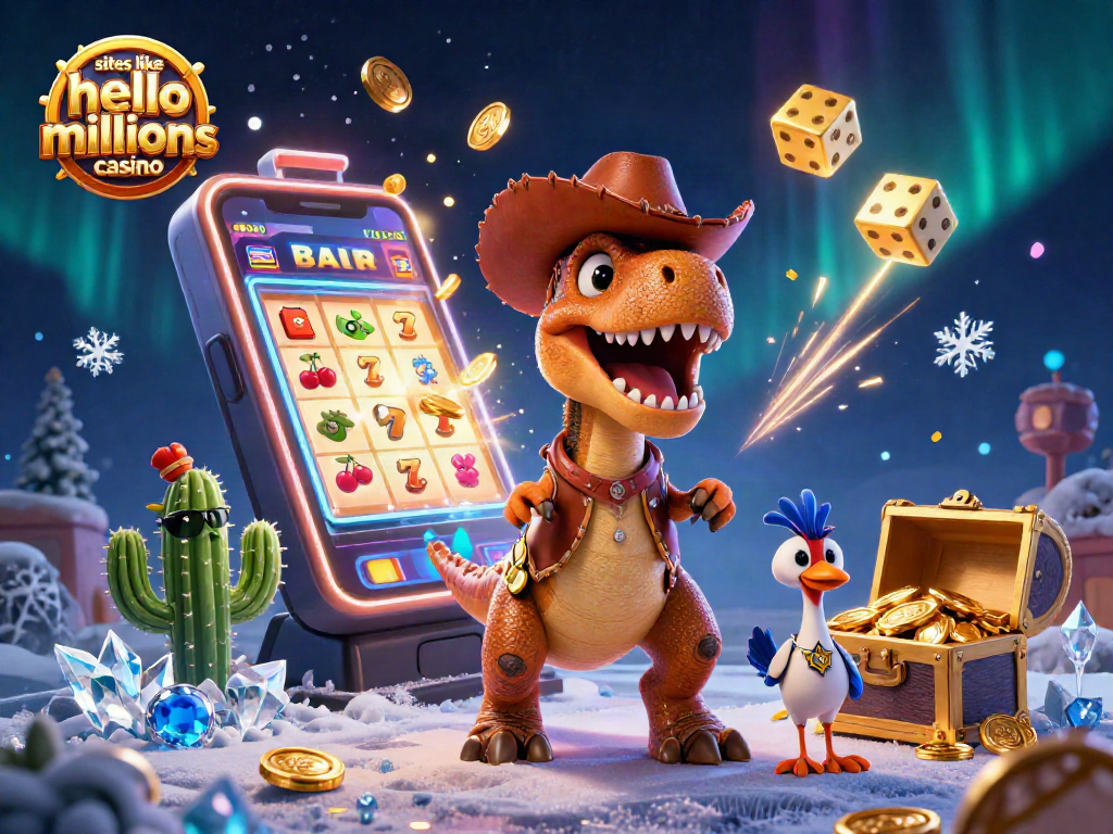 Engage in slots like hello millions casino with T-Rex cowboy, cactus, and roadrunner amidst vibrant casino elements.