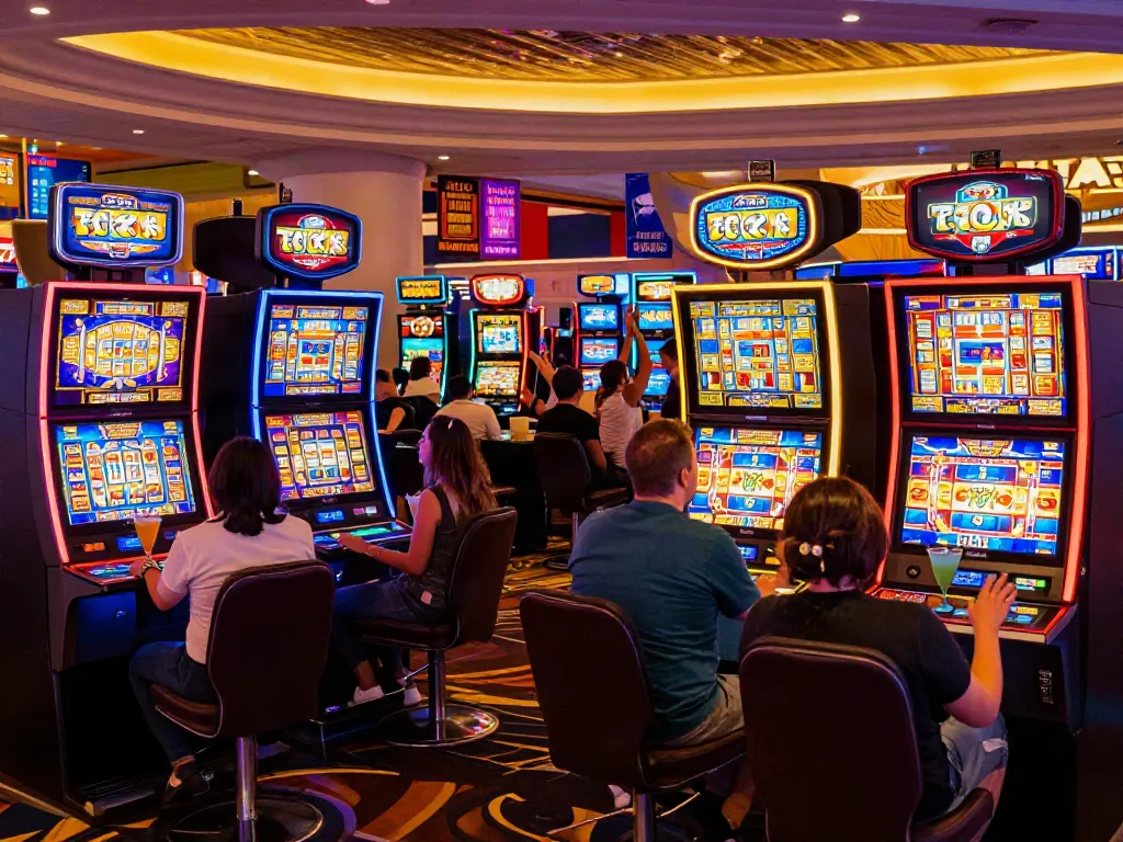 Exciting Lucky777 casino scene with players at slot machines under bright neon lights.