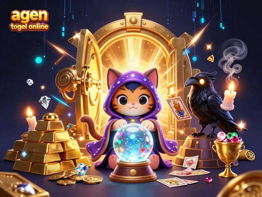 Experience the thrill of agen togel online with a vibrant fortune teller cat, tarot raven, and mystical treasures.