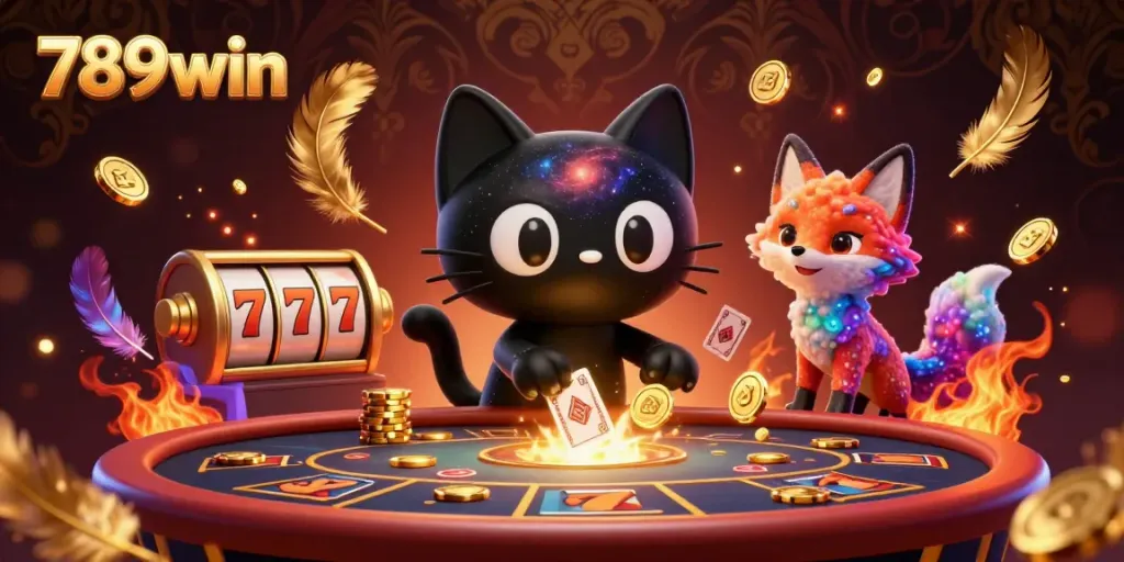 Bet at 789win with a captivating cosmic casino scene featuring a black hole cat and nebula fox.