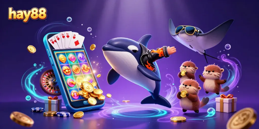 Experience thrilling gameplay at hay88 with a dynamic underwater casino scene featuring sea creatures and slot games.