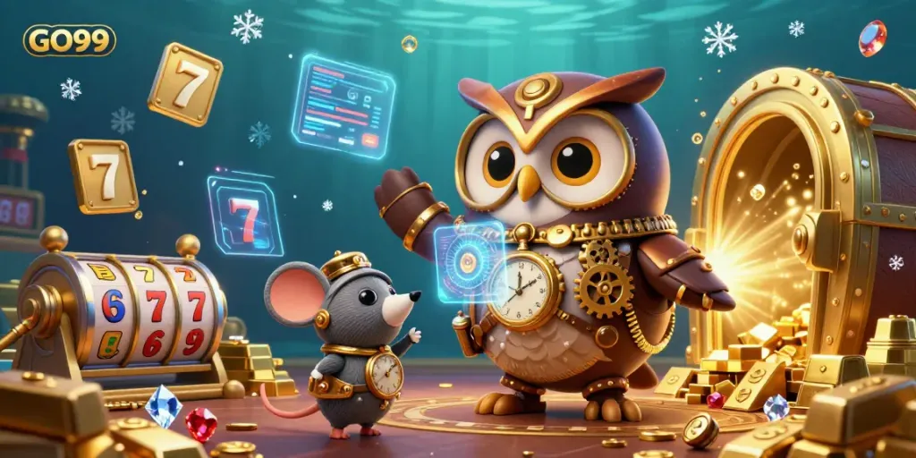 Experience the excitement of GO99 with a time-traveling owl in a lavish casino atmosphere.