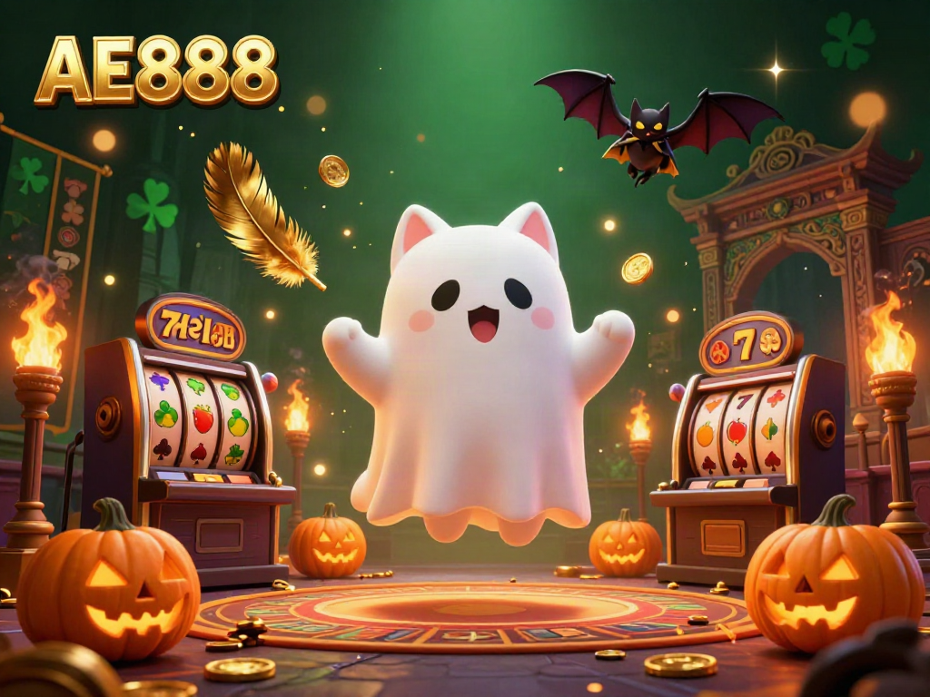 Join the fun at AE888 with a ghost cat and vampire bat in a haunted casino scene filled with games.