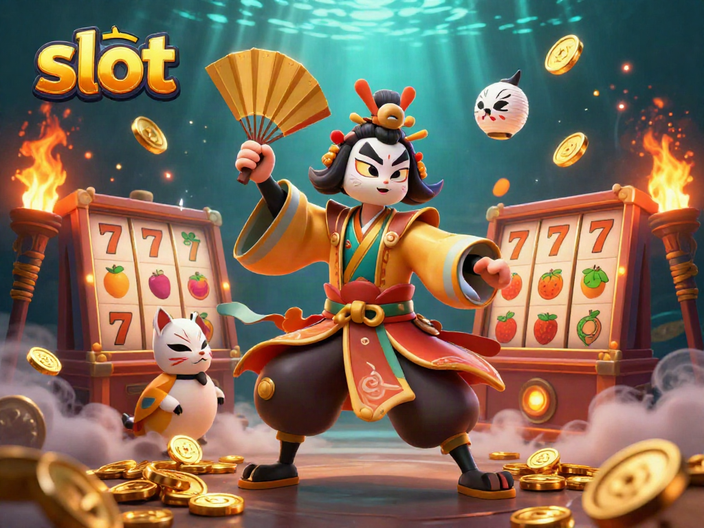 Celebrate exciting slot wins with 3D kabuki characters amidst lively slot reels, jackpot counters, and gold coins.