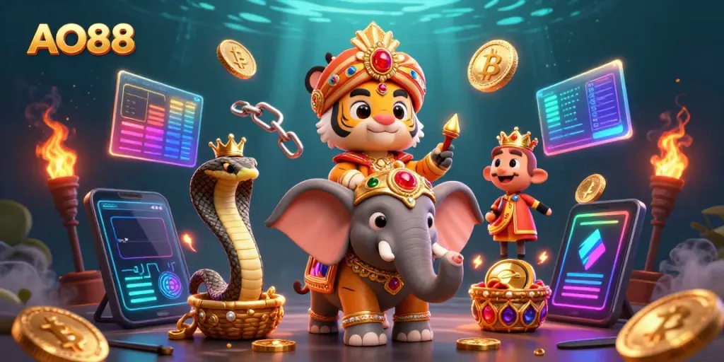 Engaging scene showcasing AO88 with a maharaja tiger, jewel-encrusted elephant, and crypto coins in a vibrant casino environment.