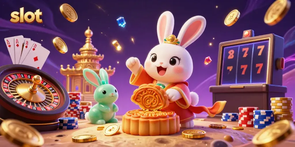 Rasakan keseruan bermain slot dengan ilustrasi 3D kartun, menampilkan kelinci bulan dan suasana kasino meriah.