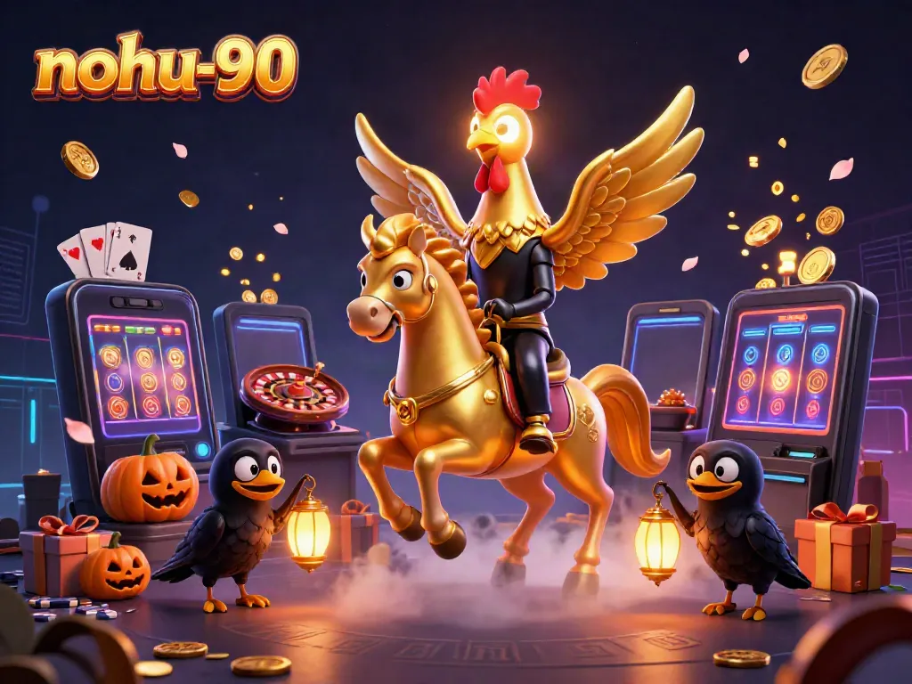 Play exciting games with nohu-90 as golden rooster hero navigates a night casino with whimsical companions.