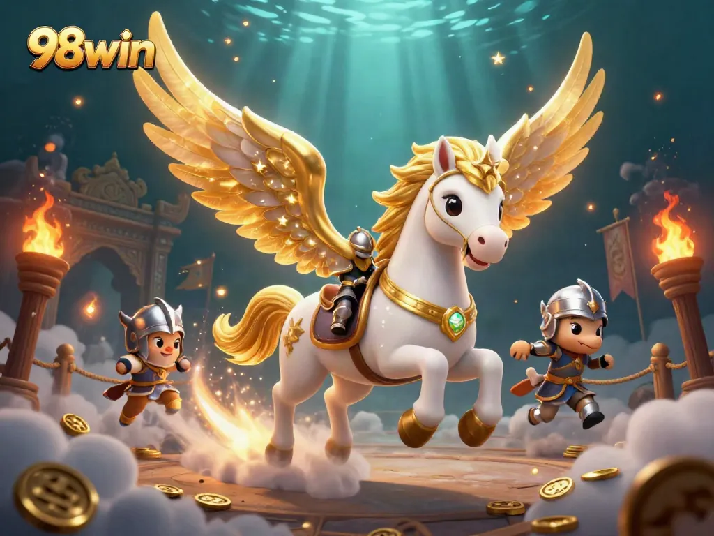 Join the excitement at 98win as the knight rides a celestial horse amidst a stunning casino scene.