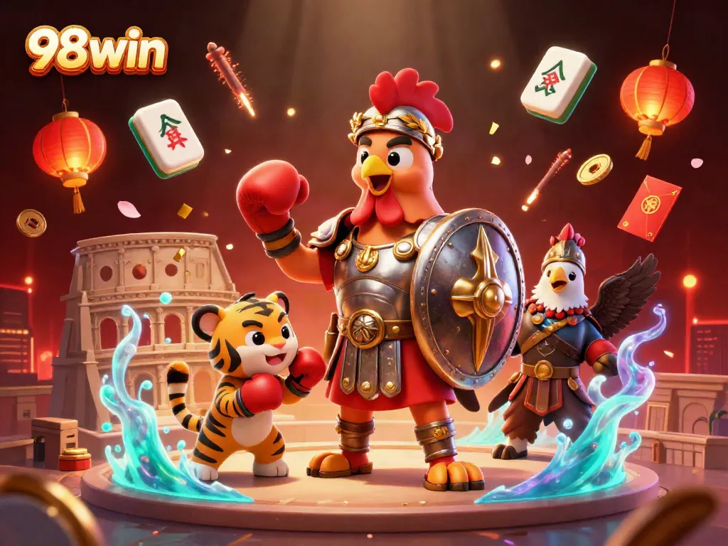 Engage with exciting games at 98win, featuring dynamic action, a rooster, and captivating elements.