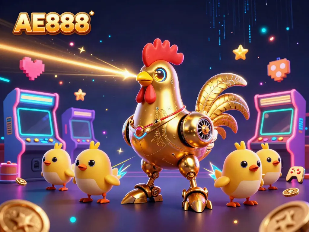 Engage with AE888's thrilling 3D casino adventure featuring a futuristic golden rooster robot and chick drones.