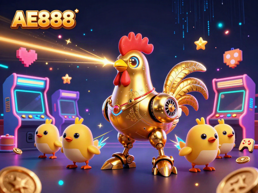 Engage with AE888's thrilling 3D casino adventure featuring a futuristic golden rooster robot and chick drones.
