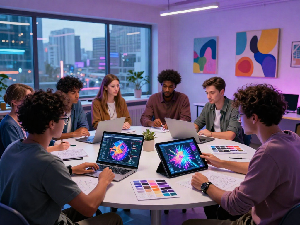 Creating AI-generated images in a vibrant digital art studio with diverse artists using ai porn generator technology.