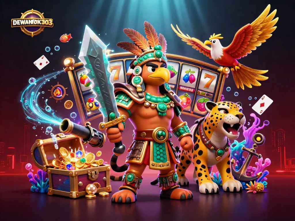 Permainan slot DEWAHOKI303 yang mendebarkan dengan karakter prajurit Aztec dan elemen kasino bawah air.