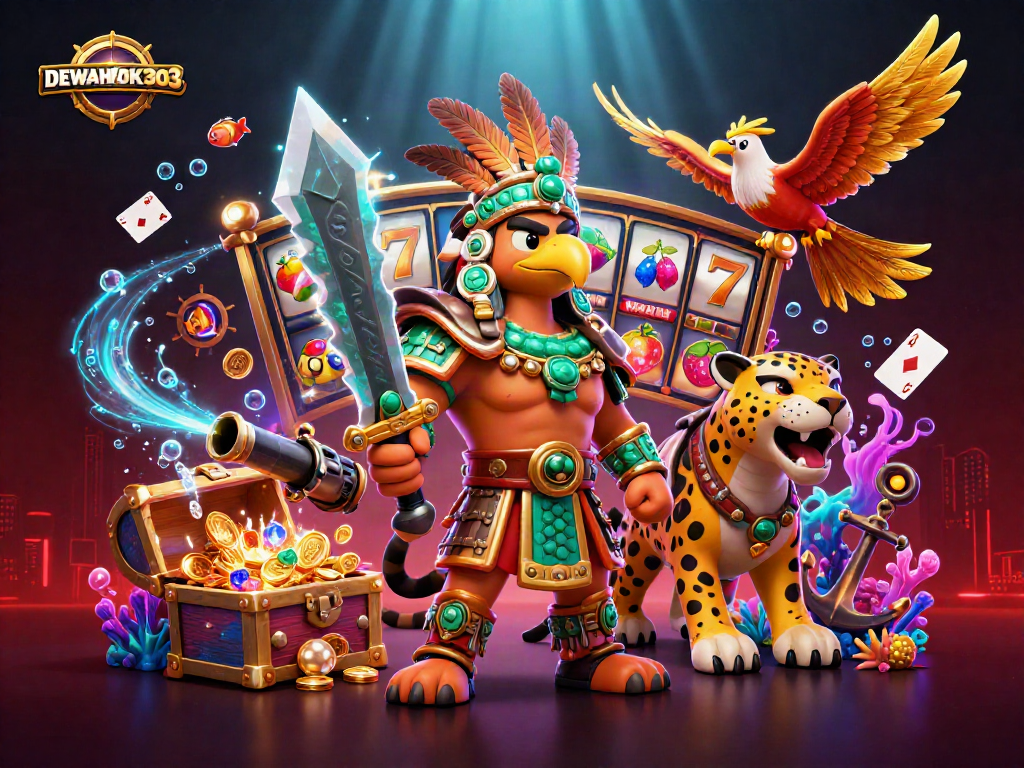 Permainan slot DEWAHOKI303 yang mendebarkan dengan karakter prajurit Aztec dan elemen kasino bawah air.