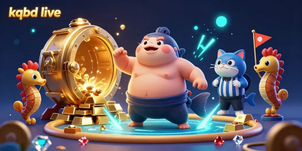 Experience thrilling sports betting with kqbd live showcasing an underwater scene with a fugu, catfish referee, and shimmering treasures.
