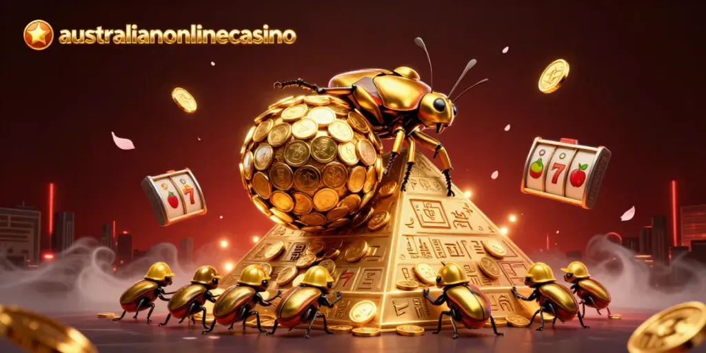 Experience the thrills of australianonlinecasino with vibrant 3D characters rolling golden coins amidst casino visuals.