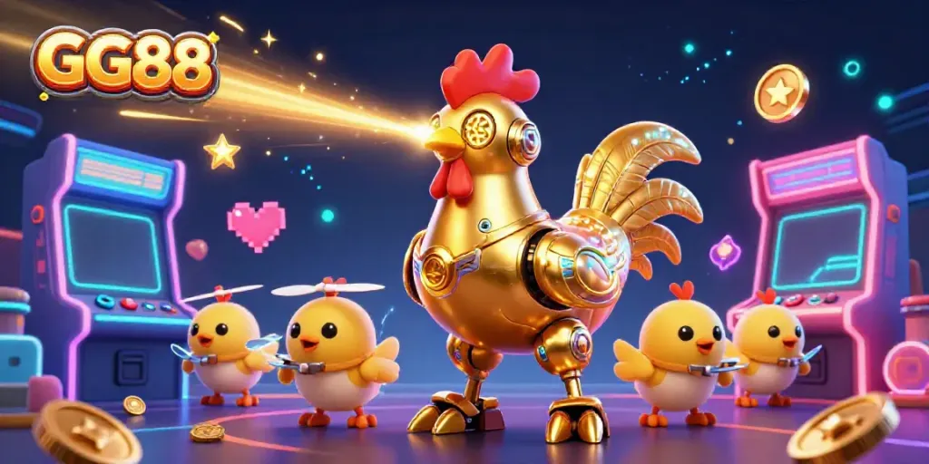 Engage in exciting GG88 action with a golden rooster robot and baby chick drones in a vibrant casino setting.