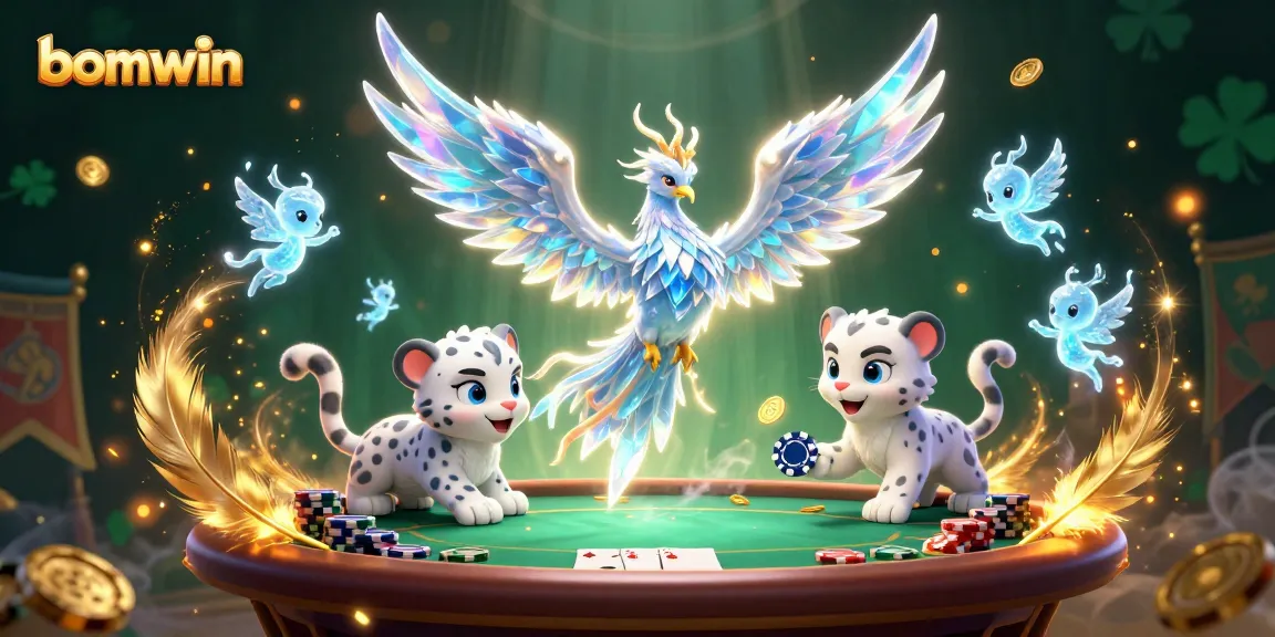 Experience the thrill of bomwin with a vivid poker scene featuring a magical ice phoenix.