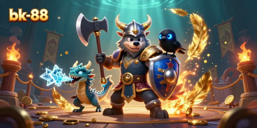 Engage with bk-88 through an epic scene featuring Viking warriors and mystical elements.