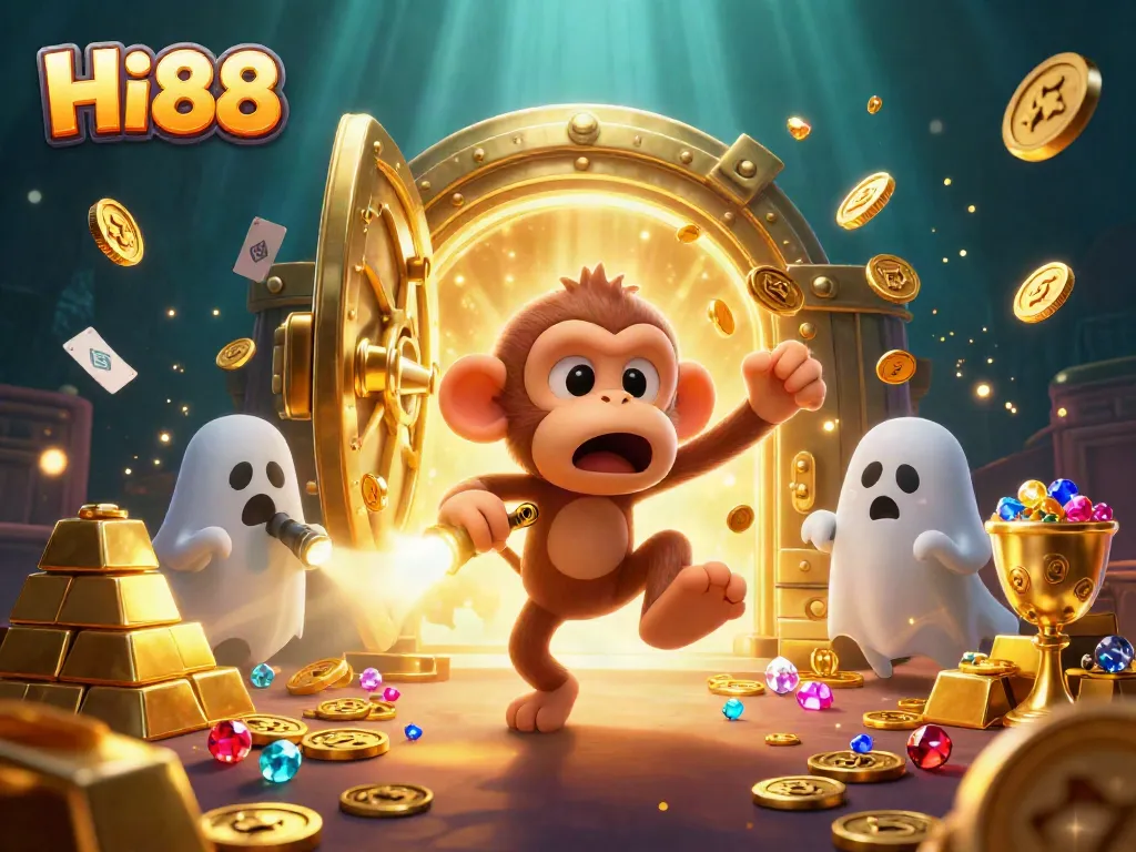 Hi88 showcases a poltergeist monkey and puppy in a haunted casino, juggling golden coins and treasures.