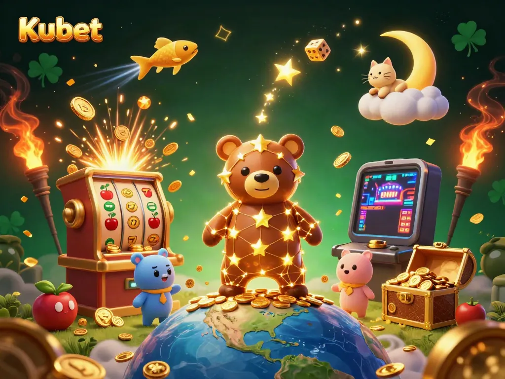 Kubet brings excitement to gamblers with a lively 3D casino illustration of golden stars, coins, and slot machines.
