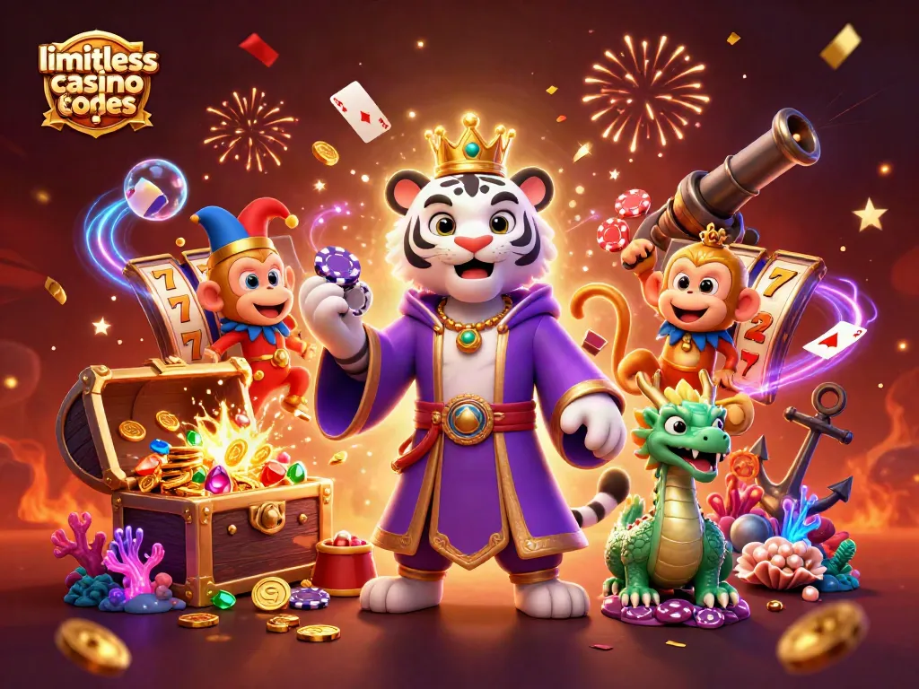 Uncover limitless casino bonus codes with a regal tiger, monkey, and jade dragon in an exciting casino scene.