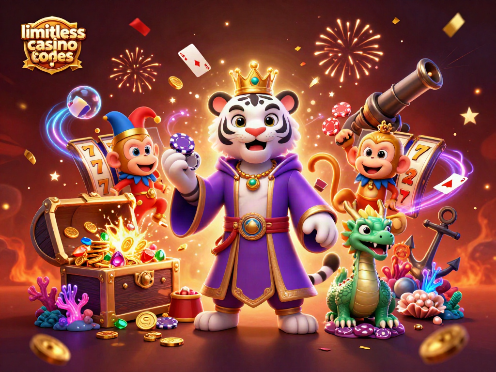 Uncover limitless casino bonus codes with a regal tiger, monkey, and jade dragon in an exciting casino scene.
