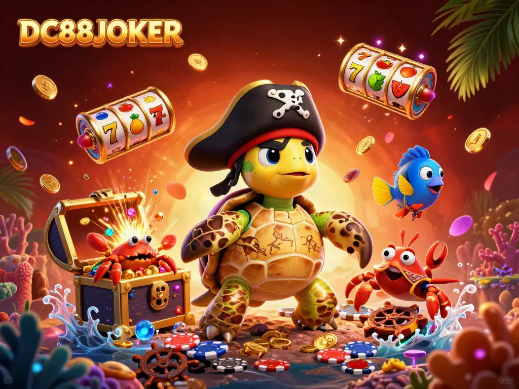 DC88JOKER showcases a vibrant casino adventure scene with a cartoon pirate turtle and treasures.
