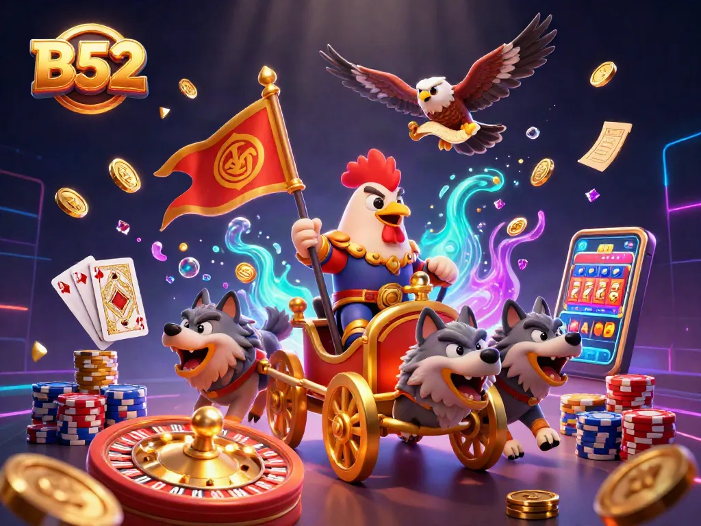 Engage with B52 gaming featuring a rooster warlord in a vibrant casino scene filled with gold coins and roulette.