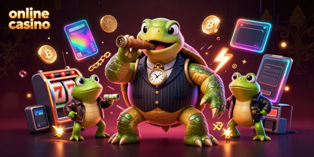 Engage with the vibrant illustration featuring an online casino theme with a turtle mobster and frogs.
