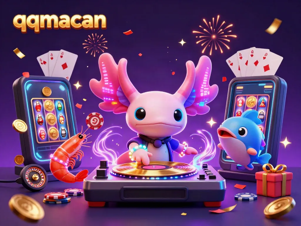 Engage with the vibrant qqmacan gaming scene featuring a neon DJ axolotl and energetic sea creatures.
