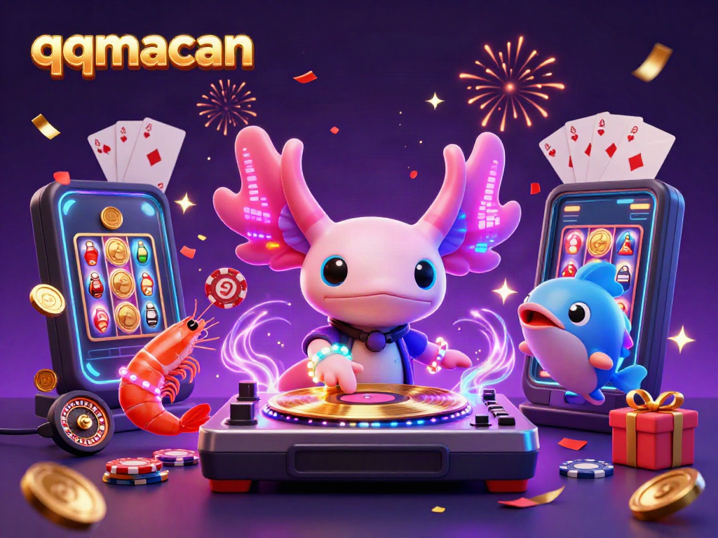 Engage with the vibrant qqmacan gaming scene featuring a neon DJ axolotl and energetic sea creatures.