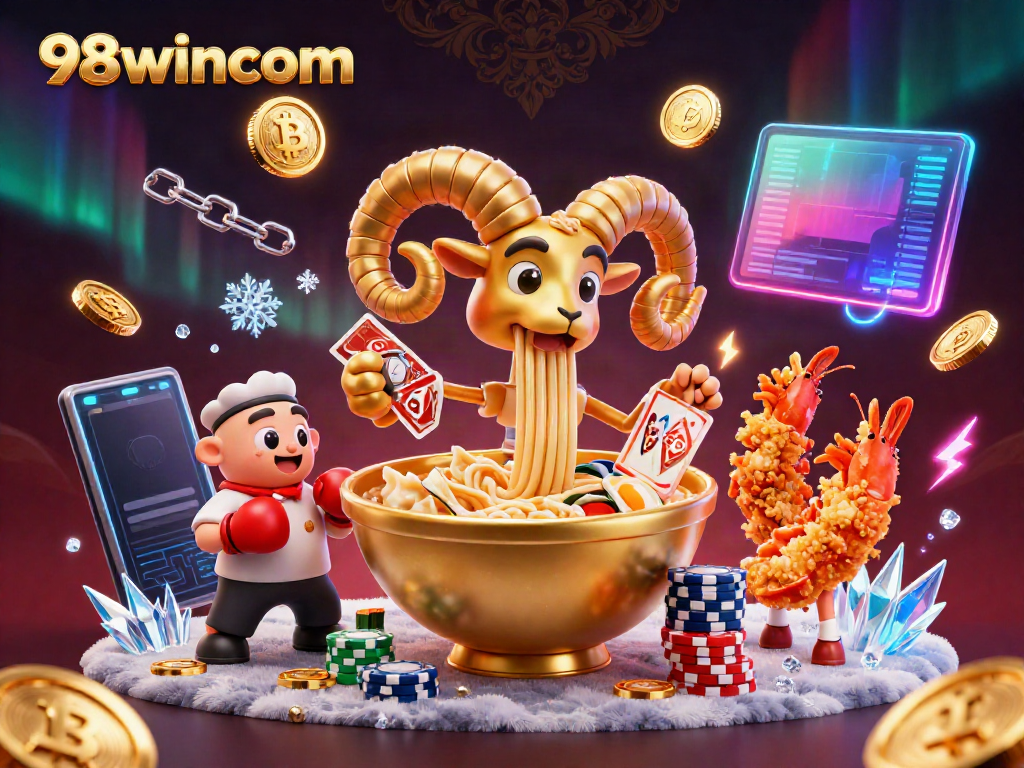 Experience the thrilling action of 98wincom with a vibrant 3D illustration of gaming characters and crypto elements.