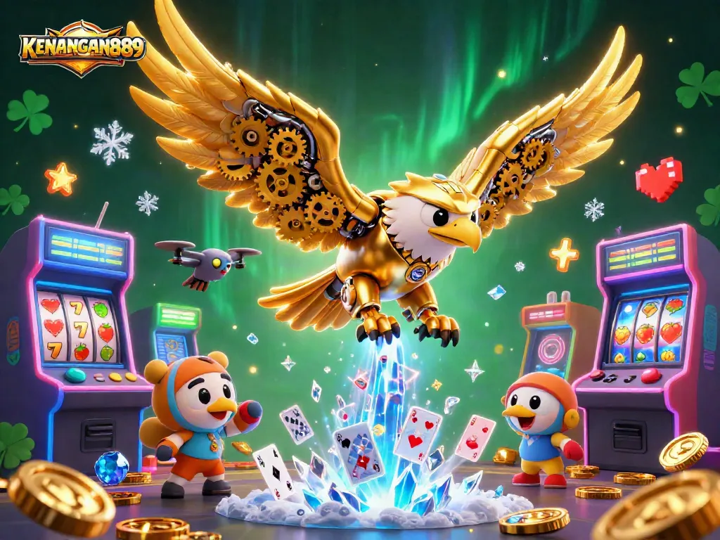 Experience KENANGAN889 excitement with a vibrant casino-themed 3D illustration showcasing gaming elements.