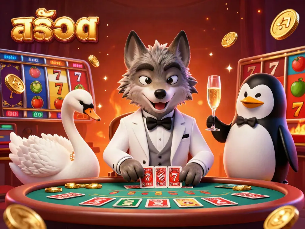 Experience thrilling สล็อต action with a debonair wolf, elegant swan, and a penguin in a dynamic casino scene.