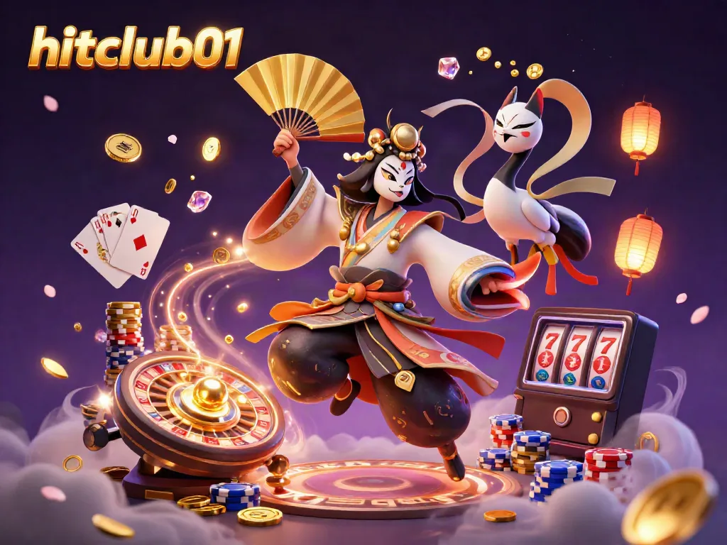 Engage with hitclub01's thrilling casino scene featuring a kabuki warrior, gold coins, and a roulette wheel.