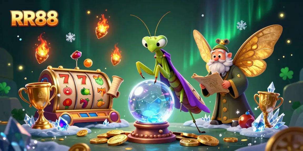 Engage in RR88's dynamic casino world with vibrant illustrations of slot games and mystical characters.