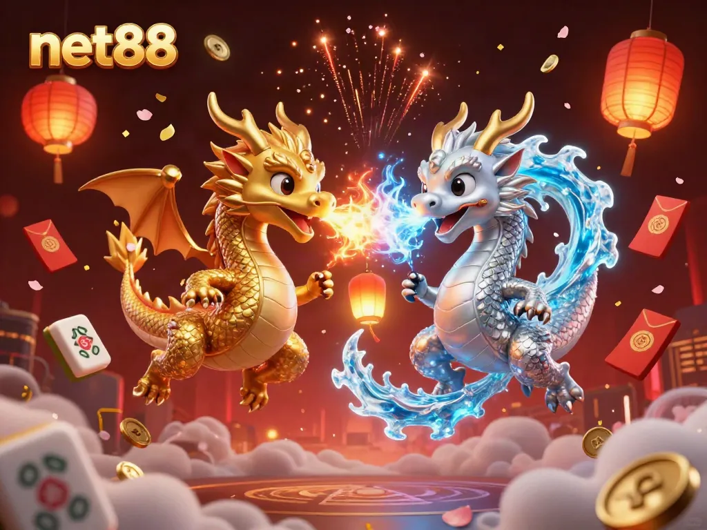 Engage in thrilling gameplay with net88 as gold and silver dragons battle in a casino-themed scene.