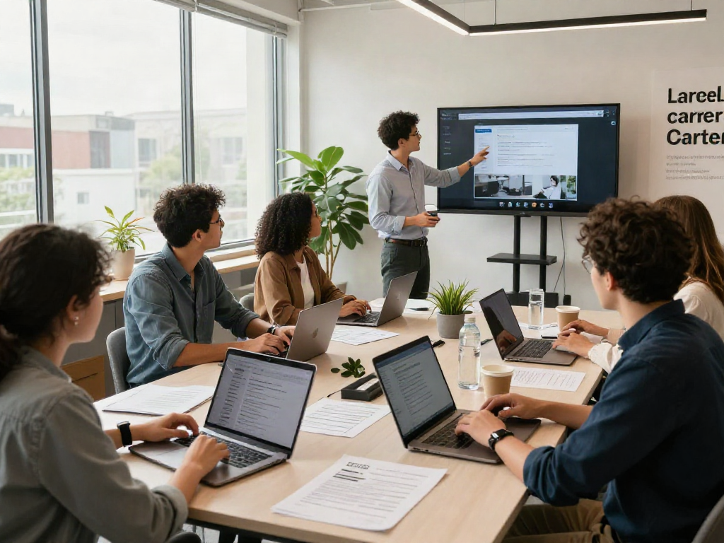 Collaborative job search scene featuring diverse individuals, highlighting หางาน in a modern workspace.