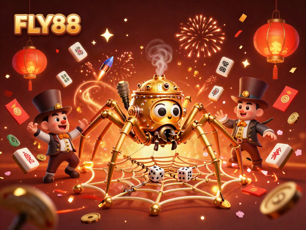 Engage with your luck at FLY88 with a stunning steampunk-themed illustration showcasing vibrant games and characters.