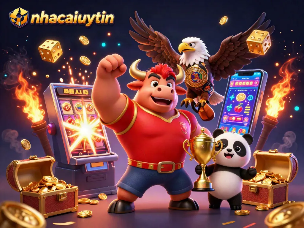 nhacaiuytin slots victory with energetic mascots celebrating wins and jackpots