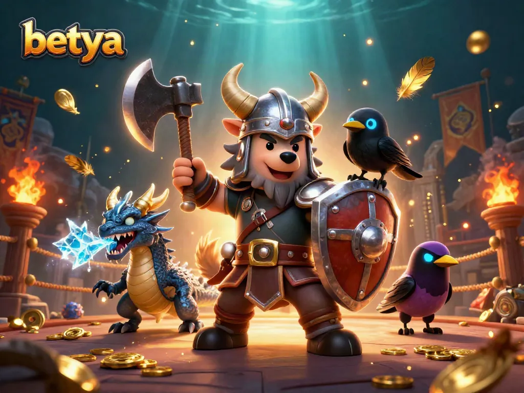 betya showcases a dynamic 3D illustration of a Viking wolf warrior, fierce dragon, and raven amidst a casino-themed arena with action elements.