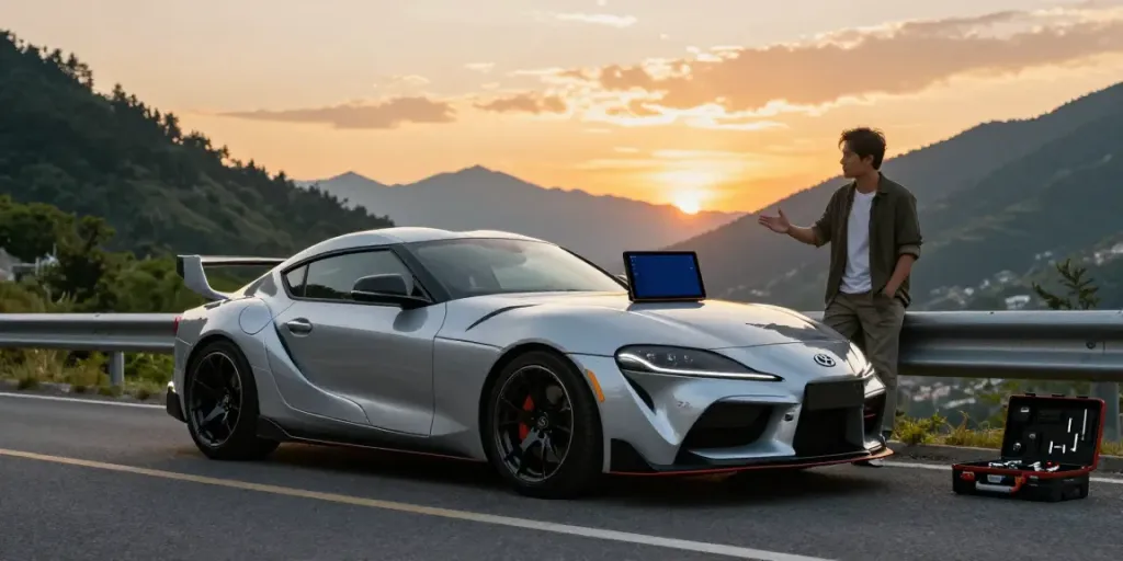 The A80 platform showcased in a stunning sunset automotive scene along a mountain road, featuring a sleek Toyota Supra A80 with a driver discussing tuning aspects.