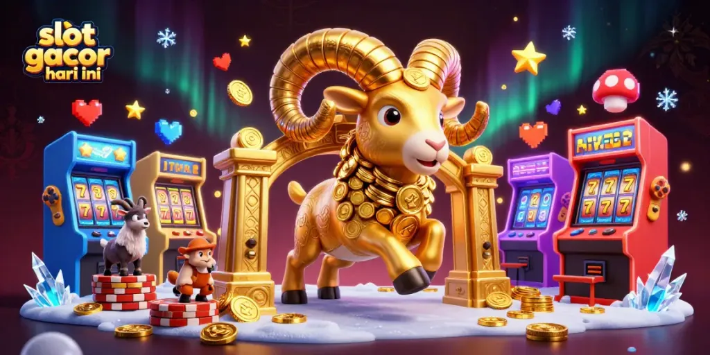 Slot gacor hari ini menampilkan ilustrasi kasino dengan domba emas dan mesin slot.