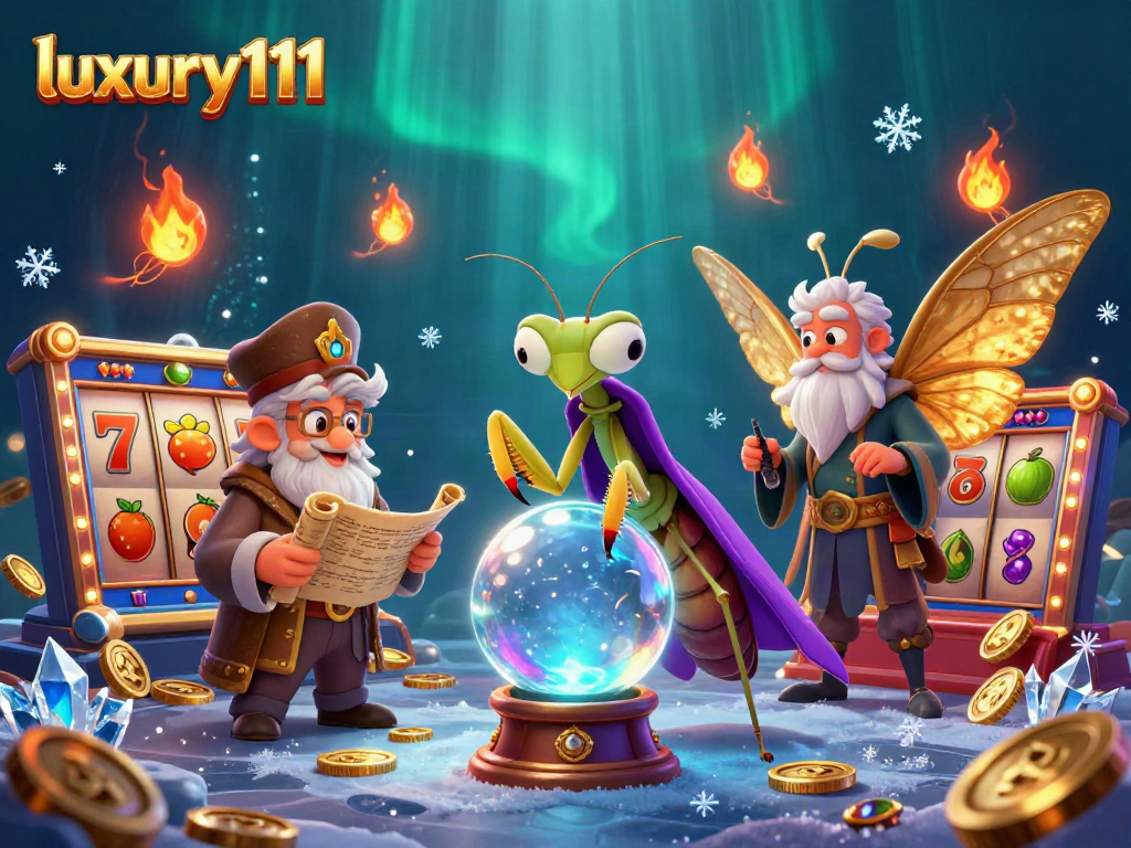 Experience the thrills of luxury111 with a whimsical fortune teller and lively slot game elements.