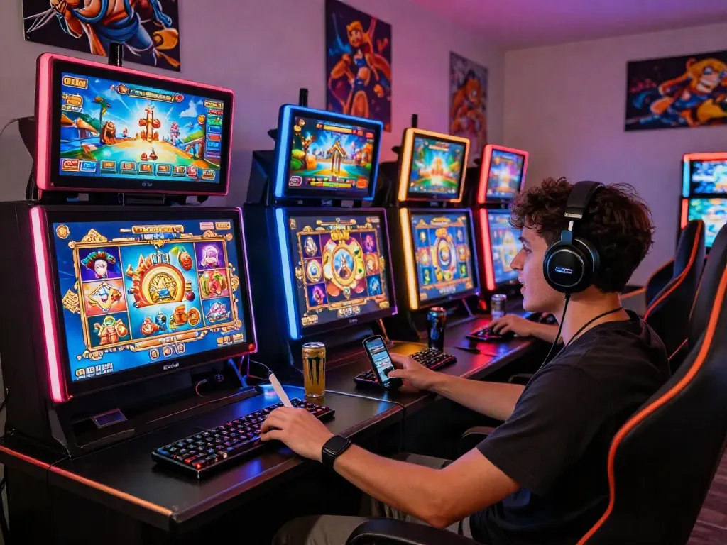 Engaging player enjoying slot gacor hari ini on a vibrant online gaming platform with colorful visuals and gaming paraphernalia.