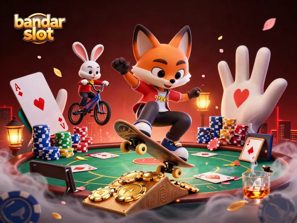 Permainan bandar slot dengan seekor rubah dan kelinci di kasino 3D yang penuh warna.