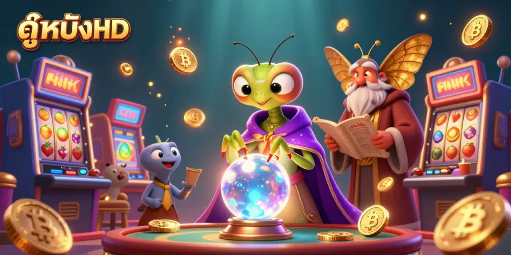 Experience the thrilling ดูหนังHD scene with a playful praying mantis fortune teller amidst slot machines and sparkling coins.