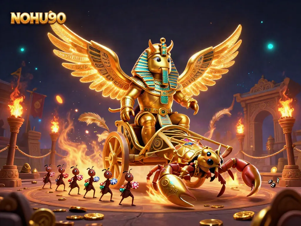 Engage in thrilling gameplay with NOHU90's vibrant 3D illustration featuring a golden scarab beetle and dynamic casino elements.